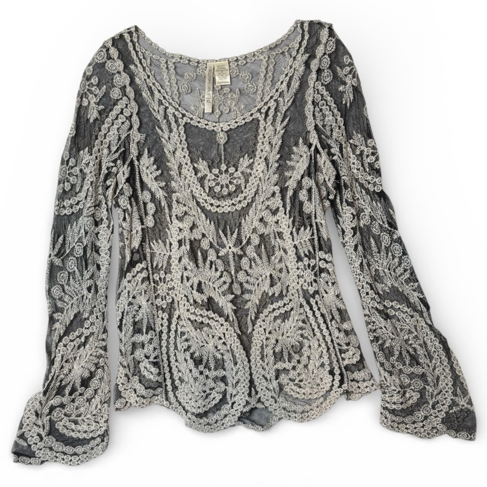 Embroidered Mesh Long Sleeve Top XL Black White Whimsigoth Fairy Boho Floral